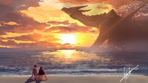 Dragon, Sunset, Beach, Artist, Artwork, Digital Art, Dog, Deviantart, 4K wallpaper