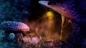 Mushroom house, Lantern, Teddy bear, Surreal, 4K wallpaper