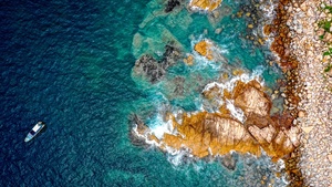 Rocky beach, Boat, Aerial view, Drone photo, Hong Kong, 4K wallpaper