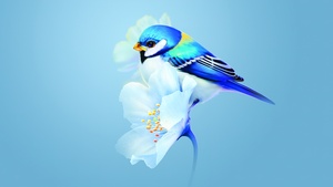 Cute bird, Blue flower, Blue background, Huawei Mate X3, Stock, 4K wallpaper
