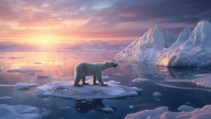 Sunrise, Polar bear, Ice bergs, Surreal, Aesthetic, 4K wallpaper