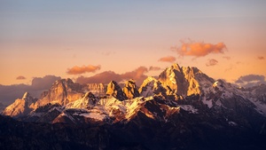Dolomite mountains, Alps, Sunrise, Mountain range, Golden hour, 4K wallpaper