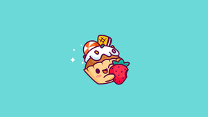 Cupcake, Strawberry, Cyan background, Turquoise, Kawaii cupcake, 4K wallpaper