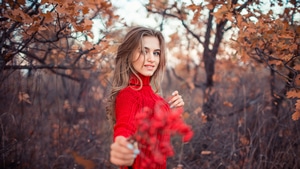 Girls, Model, Red Dress, Autumn, Nature, 4K wallpaper