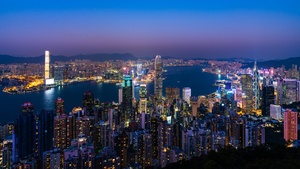 Victoria Harbour, Hong Kong City Skyline, Blue hour, Twilight, City lights, Sunset, 4K wallpaper