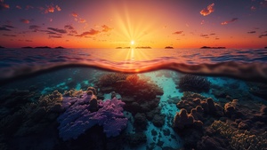 Sunset, Underwater, Coral reef, Seascape, AI art, 4K wallpaper
