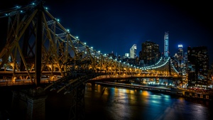New York City, Cantilever bridge, City lights, Night City, USA, United States, Manhattan, Queens, 4K wallpaper