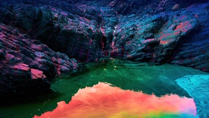 Cliff, Body of Water, Infrared Photography, Neon, Landscape, 4K wallpaper