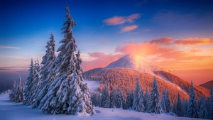 Snow, Trees, Mountains, Nature, 4K wallpaper