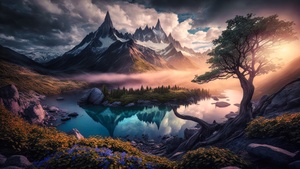 Scenic, Morning, Sunrise, Scenery, Lake, Landscape, AI art, 4K wallpaper