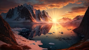 Sunset, Arctic, Mountains, Lake, AI art, Landscape, Reflection, Scenic, 4K wallpaper