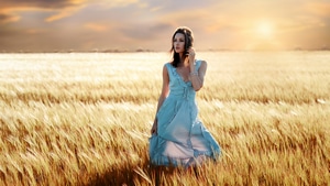 Girls, Model, Field, Outdoors, Blue Dress, 4K wallpaper