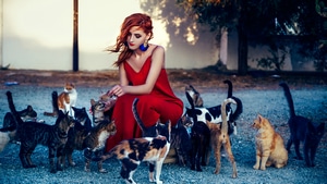 Girls, Red Dress, Model, Cats, 4K wallpaper