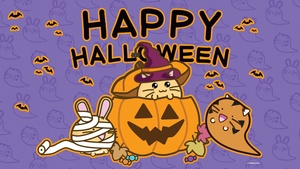 Happy Halloween, Fuzzballs, Kawaii cartoon, Purple background, Halloween Bats, 4K wallpaper