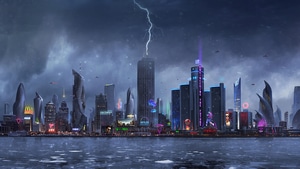 Buildings, Lightning, 4K wallpaper