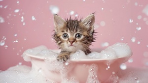 Cute Kitten, Bath time, Soap Bubble, AI art, Closeup, 4K wallpaper