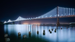 San Francisco-Oakland Bay Bridge, Night lights, Reflection, Modern, 4K wallpaper