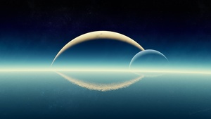 Planets, Moon, Horizon, Ocean, Siblings, Panoramic, Ultrawide, 4K wallpaper