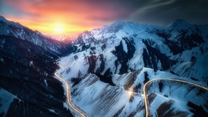 Mountains, Snow, Long Exposure, Road, Nature, 4K wallpaper