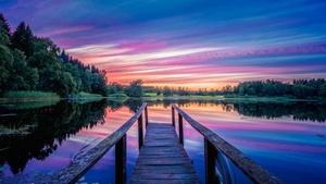 Twilight, Dock, Pier, Dusk, Sunset, Landscape, Lake, Sweden, Outdoor, Summer, 4K wallpaper