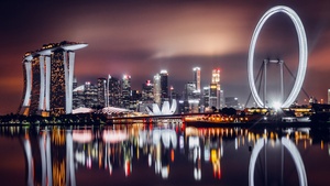 Marina Bay, Night City, Singapore, Skyline, Cityscape, City lights, Reflection, 4K wallpaper