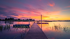 Sunset, Sweden, Lake, Twilight, Pier, Tranquility, 4K wallpaper