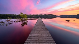 Twilight, Dusk, Evening, Wooden pier, Jetty, Sunset, Lake, Sweden, Reflection, Aesthetic, 4K wallpaper