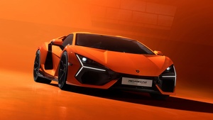 Lamborghini Revuelto, Hybrid sports car, Orange background, 2023, 4K wallpaper