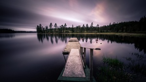 Dusk, Sunset, Evening, Long exposure, Wooden pier, Lake, Sweden, 4K wallpaper