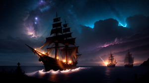 Ship, Night, Storm, Clouds, Milky Way, Starry sky, AI art, 4K wallpaper