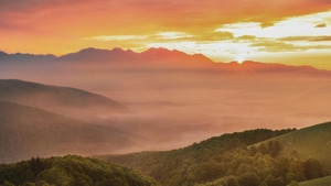 Mountains, Trees, Sunrise, Nature, 4K wallpaper