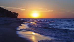 Lake, Sunset, Nature, Waves, 4K wallpaper
