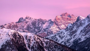 Mountain range, Italy, Pink sky, Winter, Sunrise, 4K wallpaper