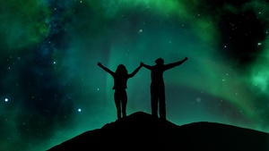 Love couple, Silhouette, Aurora sky, Night, 4K wallpaper
