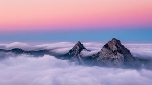 Mountain Peaks, Above clouds, Sunset, Dawn, 4K wallpaper