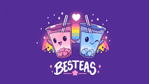 Kawaii bubble tea, Love hearts, Rainbow, Best friends, Cute cups, Purple background, Aesthetic, 4K wallpaper