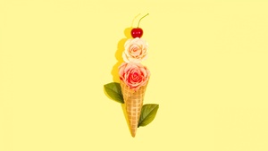 Rose flowers, Ice cream cone, Yellow background, Cherry fruits, Leaves, 4K wallpaper
