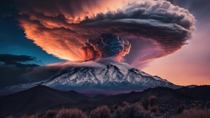 Volcano, Sunset, Surreal, Landscape, Mountain, Apocalypse, 4K wallpaper
