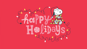 Snoopy, Happy holidays, Christmas decoration, String Lights, Red background, Peanuts, December, 4K wallpaper
