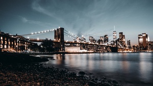 Brooklyn Bridge, New York City, Night City, City lights, USA, Reflection, Crescent Moon, Cityscape, 4K wallpaper