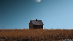 Moon, Aesthetic, Iceland, House, Landscape, Outdoor, Countryside, Rural, Grass field, Summer, 4K wallpaper