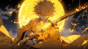 Zenitsu Agatsuma, Sword, Demon Slayer: Kimetsu no Yaiba, Golden, 4K wallpaper