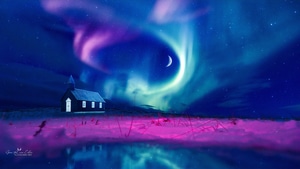 Aurora, Northern Lights, Artist, Artwork, Digital Art, House, 4K wallpaper