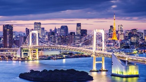 Rainbow Bridge, Illuminated, Tokyo, Japan, Twilight, Cityscape, City lights, 4K wallpaper