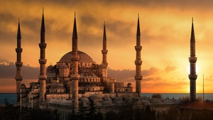 Blue Mosque, Sultan Ahmed Mosque, Istanbul, Turkey, Ancient architecture, Sunset, Islamic, Spiritual, 4K wallpaper