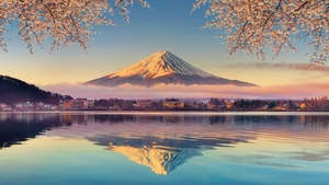 Mount Fuji, Cherry blossom, Aesthetic, Sakura, Japan, Sunrise, Reflection, Serene, Spring, Snow covered, Pastel, Tourist attraction, Iconic, 4K wallpaper