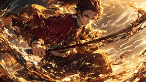 Tanjiro Kamado, Action, Water Breathing, Sword, Demon Slayer: Kimetsu no Yaiba, AI art, 4K wallpaper