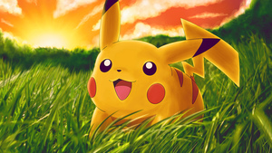 Pikachu, Adorable, Pokemon, Cartoon, Grass field, Sunset, Happy, 4K wallpaper