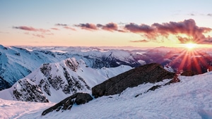 Snow, Sunset, Nature, Mountains, 4K wallpaper