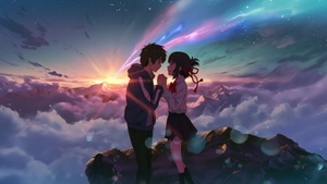 Kimi no Na wa, Love couple, Your Name, Mitsuha Miyamizu, Taki Tachibana, Anime couple, Comet Tiamat, Shooting stars, 4K wallpaper